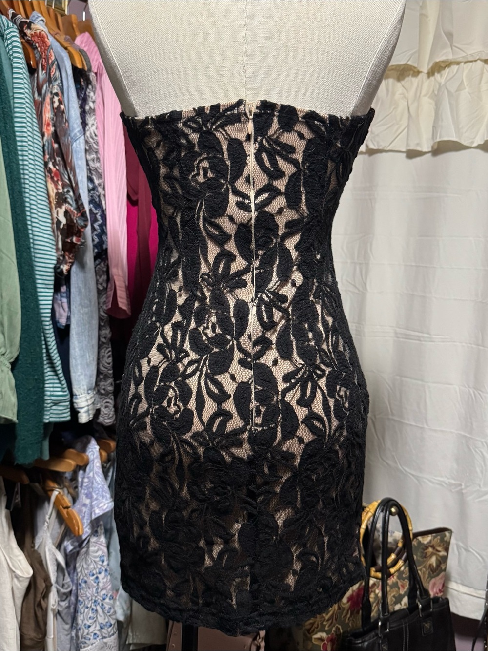 2000s Forever 21 Black Lace Strapless Mini Dress with Nude Underlay - Picture 3 of 6